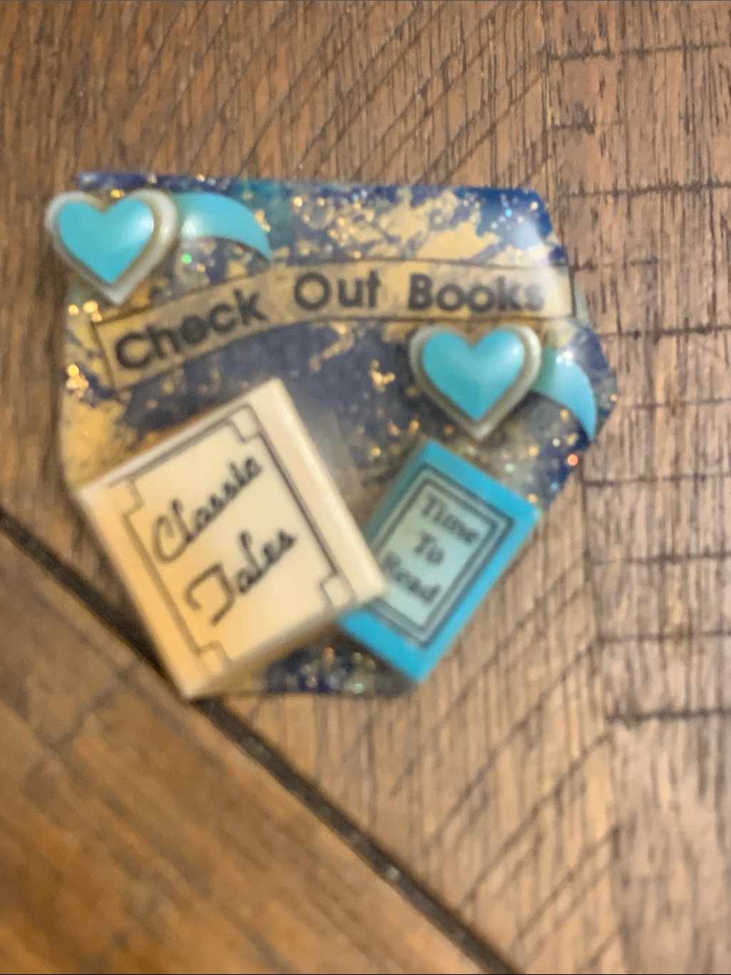 Vtg Lucinda Check Out Books Enamel Brooch Blue & Turquoise